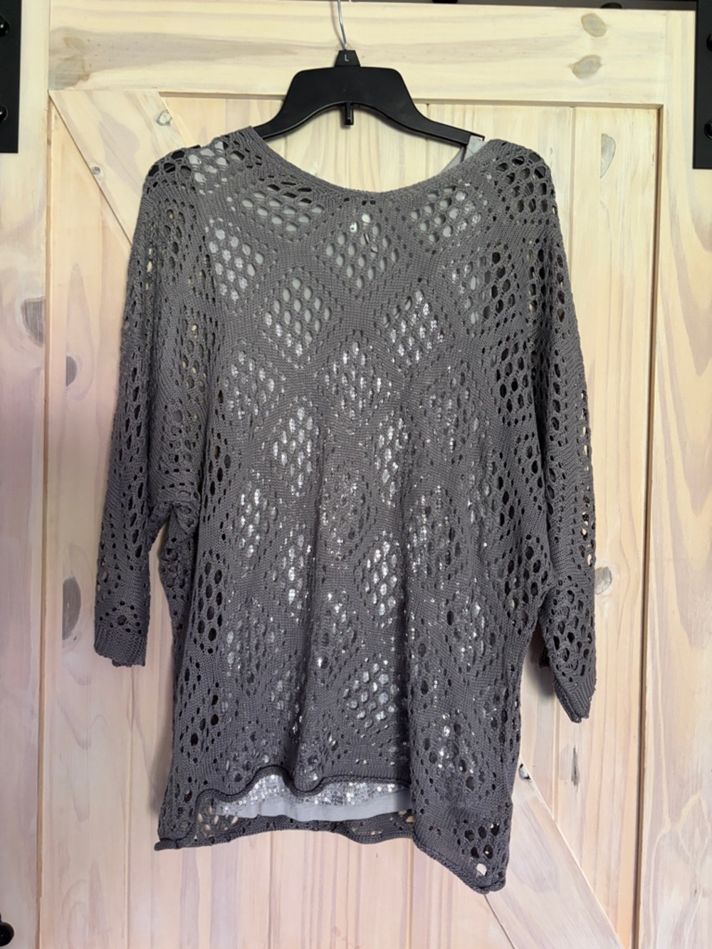 Studio I Gray Open-Knit Crochet Scoop Neck Sweater